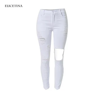 Spring Hole Skinny feet pants large size jeans female trousers pencil pants wholesale in Europe and America stretch pants