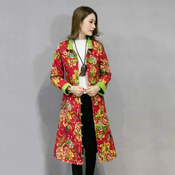 2017 Long Parkas Coat Plus size Women's clothing Plate buttons Long sleeve Wadded Jacket Vintage Print Outerwear SS650