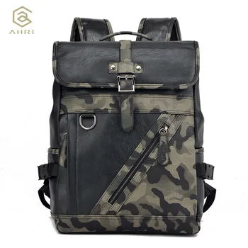 AHRI Factory outlet Fashion Vintage Backpacks for Men Business Casual School Backpack PU Leather Men's Camouflage Shoulder Bags