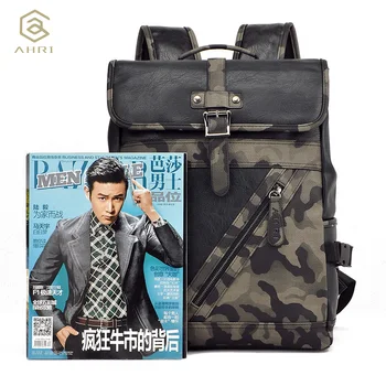 AHRI Factory outlet Fashion Vintage Backpacks for Men Business Casual School Backpack PU Leather Men's Camouflage Shoulder Bags