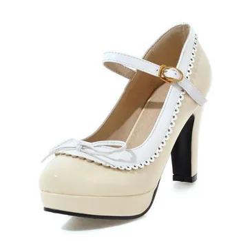 New Women Ankle Strap Women High Heel Shoes Ladies Brand Bowtie Round Toe Heeled Pumps Fashion Platform Shoes Women Size 33-43
