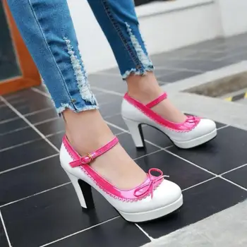 New Women Ankle Strap Women High Heel Shoes Ladies Brand Bowtie Round Toe Heeled Pumps Fashion Platform Shoes Women Size 33-43