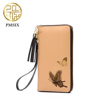 Pmsix 2017 New Chinese style Women Wallets Cow split Leather Purse Banquet Embossed Butterfly Khaki clutch wallet P420024