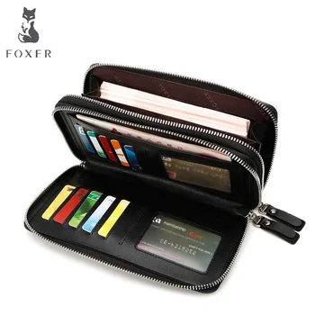 Foxer Brand Genuine Leather Men Wallets New Man Wallet Double Zipper Men Purse Fashion Male Long Wallet Man's Clutch Bag