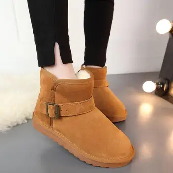 Winter Genuine Real Leather Thickend Fur Women Ankle Flat Boots Snow Boots Fashion Buckle Women Shoes Sapato Feminino Size 35-43