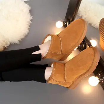 Winter Genuine Real Leather Thickend Fur Women Ankle Flat Boots Snow Boots Fashion Buckle Women Shoes Sapato Feminino Size 35-43