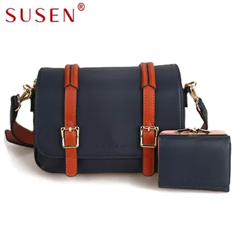 SUSEN 0042 Women Shoulder Bag Cross body Bag with Purse 2 pcs Set Fashion Cover Closure Top PU Leather Patchwork Bag