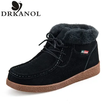 Genuine Leather Women Boots 2016 Autumn Winter Warm Woman Snow Boots Lace-Up Slip On Fur Womens Casual Ankle Cotton Boots A&5556