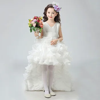 2017 New Design Kids Girls Princess Long Trailing Dress Flower Girl wedding/birthday/party/performer/host/prom Dress Age 5-16Y
