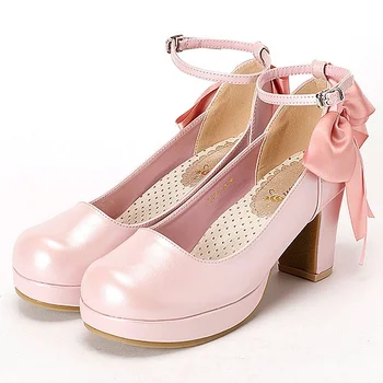 New Spring And Summer 2017 Retro Round Rough With Bow Shoes Sweet Girl Soft Sister Doll Shoes Women Shoes Riband platform Heels