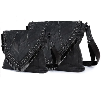 NIUBOA Fashion Women Leather Handbags Shoulder Bag Rivet Scales Tassel LadyTote Two Size Motorcycle sheepskin Bag Bolsa Feminina