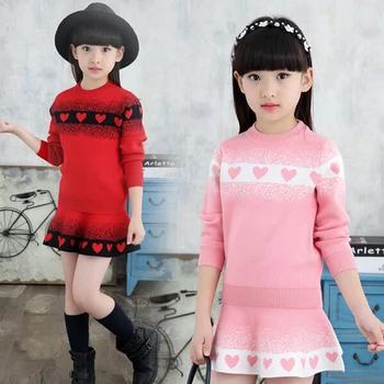 2016 new Winter Fashion 4-14Y Wool Long Sleeve Cute Girl Sweater and skirt false two pieces clothing set suits for baby girls