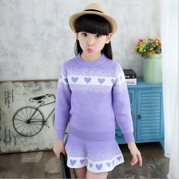 2016 new Winter Fashion 4-14Y Wool Long Sleeve Cute Girl Sweater and skirt false two pieces clothing set suits for baby girls