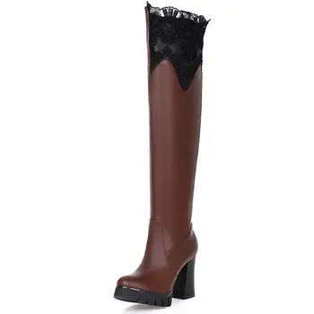 Increase the degree of sexy women and fashion degree women boots Mirror grain PU Lace cuffs knee boots size 33-43 T1880
