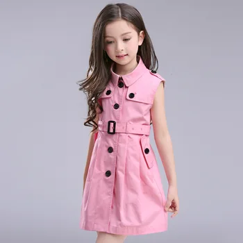 2017 quality girls summer dress Sleeveless cotton solid pink sashes button girls european school teenager dresses 6 8 10 12 14