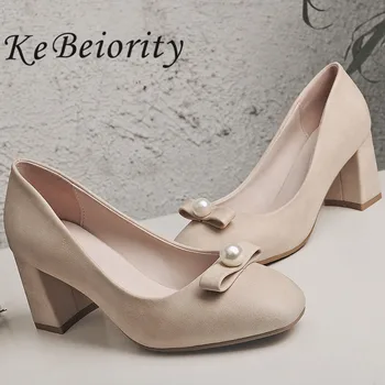 KEBEIORITY 2017 thick heel shoes woman leather high heels pumps women elegant office shoes fashion ladies heels plus size 34-42