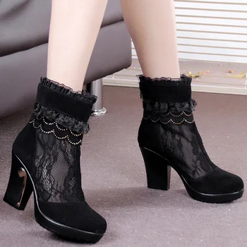 Genuine leather boots cutout lace boots women's high-heeled shoes spring and autumn