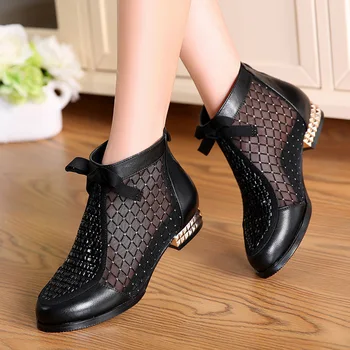 Fashion Rhinestones Bow Gauze Sandals Summer New Mesn Boots Real Leather Women's Shoes Hollow Boots Large Size 40-43