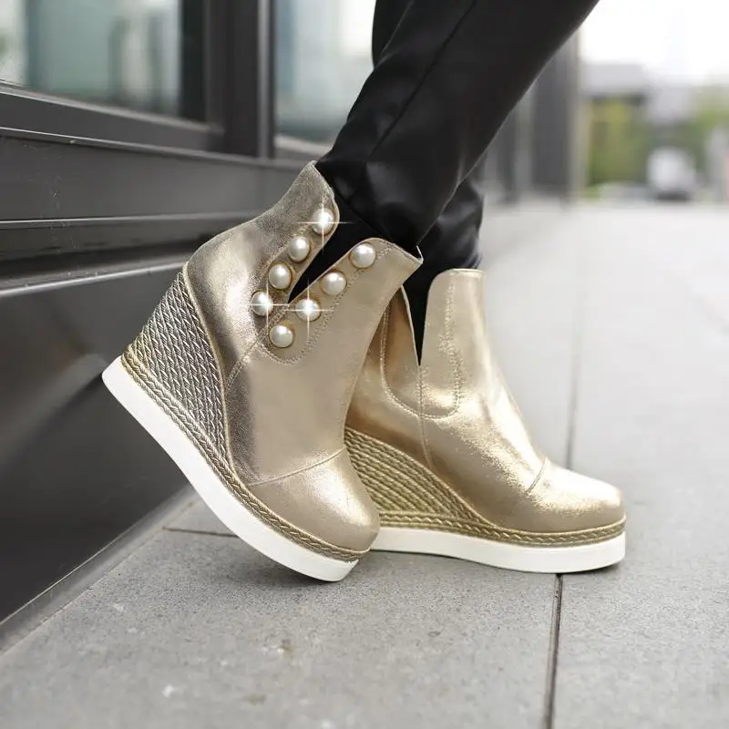 Winter Autumn New Solid Colors Elastic Pearl Ankle boots Women Wedges Comfortable Boots Fashion Shoes Size 34-39 R508