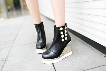 Winter Autumn New Solid Colors Elastic Pearl Ankle boots Women Wedges Comfortable Boots Fashion Shoes Size 34-39 R508