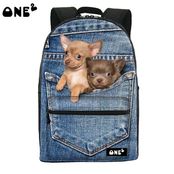ONE2 Design pocket cute dog animal blue school bag for high school student shoulder women campus backpack college teenager girls