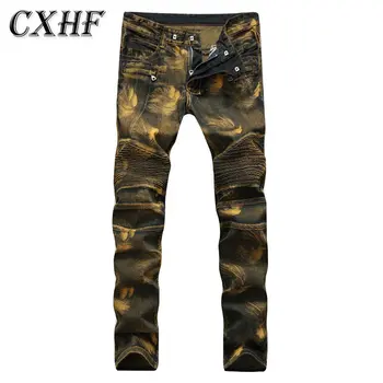 Biker Jeans Stereo Clipping Folds Of Locomotive Yellow Nostalgia Slim Jeans Wrinkles Leisure Fashion Print