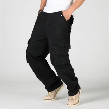 2017 New Big Size 30-46 Mens Black Denim Pants Jeans Men Hip Hop Loose Baggy Jeans With Side Pockets Plus Size Jeans