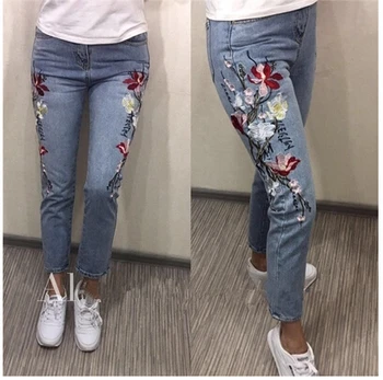 High Waist Jeans Real Special Offer Cotton Medium Zipper Fly Mid Stripe 2017 Selling Women Jeans Embroidery Nine Straight