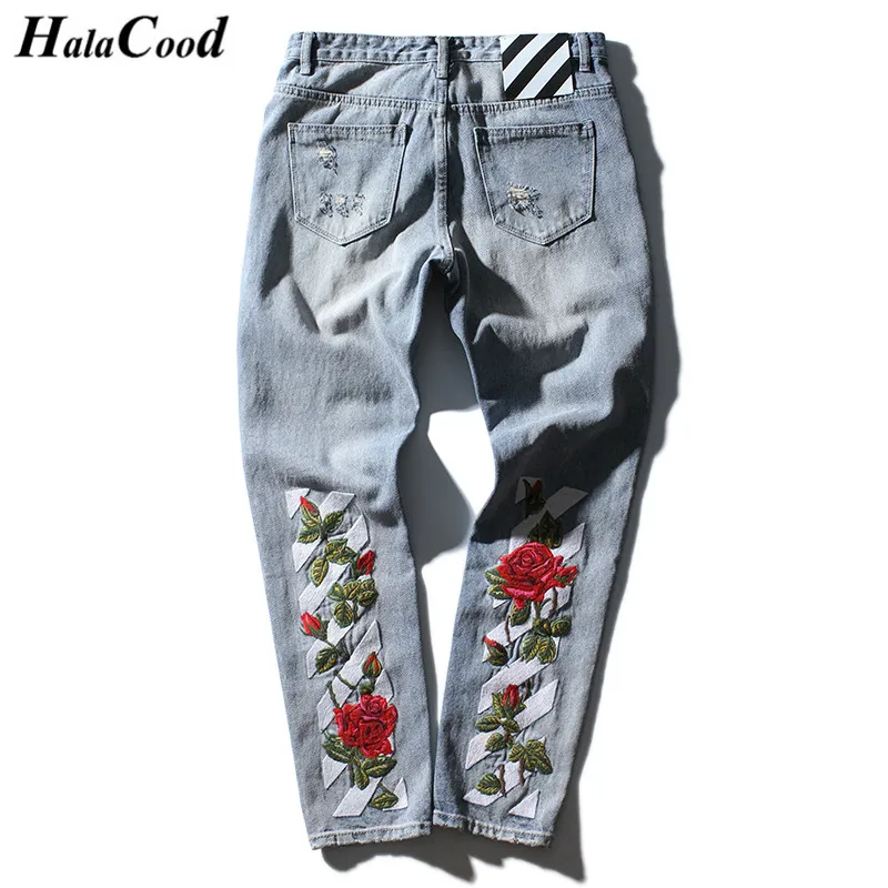 HalaCood 2017 Europe United States New Tide Brand Men's Jeans Straight Embroidery Male Hole Trousers Denim Cotton