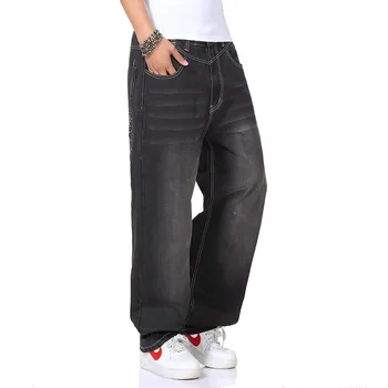 Mens Hip Hop Baggy Jeans For Street Skateboard Loose Fit Embroidery Black Denim Jeans Plus Size 30-46