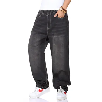 Mens Hip Hop Baggy Jeans For Street Skateboard Loose Fit Embroidery Black Denim Jeans Plus Size 30-46