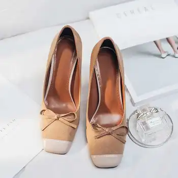 2017 New Fashion Brand Superstar Party Wedding Thin High Heel Bowtie Women Pumps Mixed Colors Square Toe Work Shoes Kid Suede 27