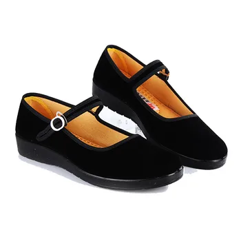 Traditional Ladies Chinese Mary Jane Black Shoes Old Peking Fabric Buckle Women Shoes Dance Flats Soft Sole For Mother Gift