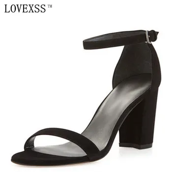 LOVEXSS Sheepskin Square Heel Buckle Strap Sandals Wedding Party Fish Head Black Rue Brown Apricot Pumps High Shoe Shallow Mouth