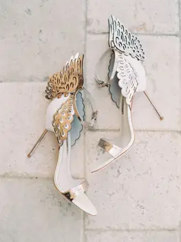 Evangeline Glitter Angel Wing Sandals Sexy Laser Cut Metallic Gladiator Sandals High brand Butterfly Wedding Shoes Woman Pumps