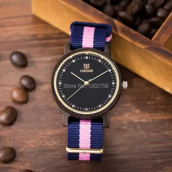 Uwood Pure Natural Nylon Band Black Sandal Wood Quartz Watch Original Analog Wooden Watches For Women Wristwatch Gift