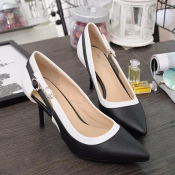 New 2017 Spring Fashion Women OL Dress Shoes Woman Sexy Pointed Toe High Heels Black White Stitching Ankle Strap Women Pumps D35
