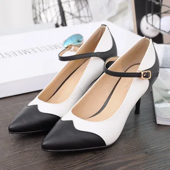 New 2017 Spring Fashion Women OL Dress Shoes Woman Sexy Pointed Toe High Heels Black White Stitching Ankle Strap Women Pumps D35
