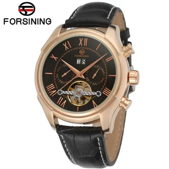 2017 Forsining Watch Men's Day/Week/Month AutoToubillion Mechanism Wristwatch Black Leather Strap Gift Box