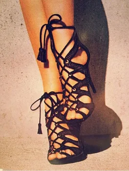 Summer fashion women gladiator sandals opening toe cut-outs leather sandalias lace up high heels sexy women sandal shoes