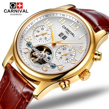 Carnival Mens tourbillon waterproof Watch Gold Automatic Mechanical Sapphire Glass date leather Sport Watches relogio masculine