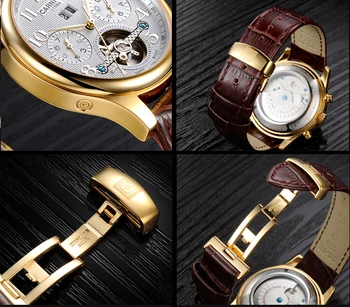 Carnival Mens tourbillon waterproof Watch Gold Automatic Mechanical Sapphire Glass date leather Sport Watches relogio masculine