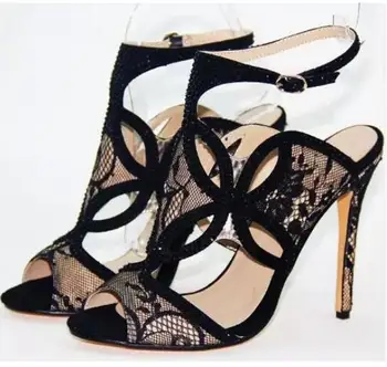 Summer Sexy Romantic Black Lace Flowers High Heel Women Sandal Ankle Buckle Strap Cut-out Floral Crystal Women Dress Party Shoes
