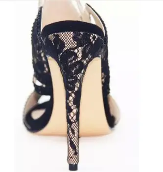 Summer Sexy Romantic Black Lace Flowers High Heel Women Sandal Ankle Buckle Strap Cut-out Floral Crystal Women Dress Party Shoes