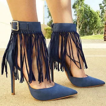 Elegant Pointed Toe Blue Fringed High Heels Charming Ankle Buckle Dress Shoes