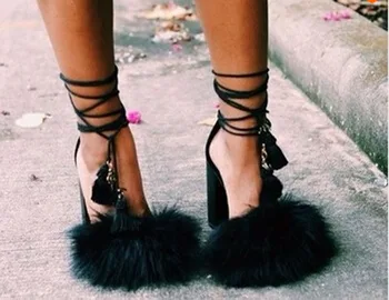 Ladies elegant lace up high heel fur sandals woman tassel shoes ankle buckle gladiator sandal shoes
