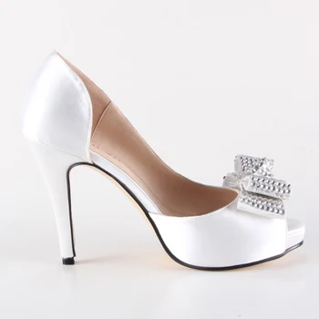 Handmade white D'orsay bow heel rhinestone diamond crystal wedding party prom pumps bridal banquet evening shoes small big size