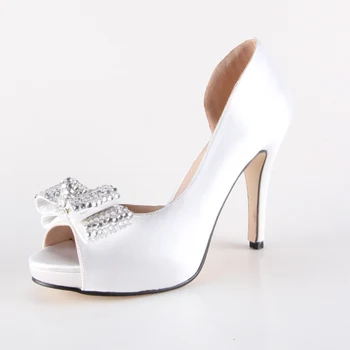 Handmade white D'orsay bow heel rhinestone diamond crystal wedding party prom pumps bridal banquet evening shoes small big size