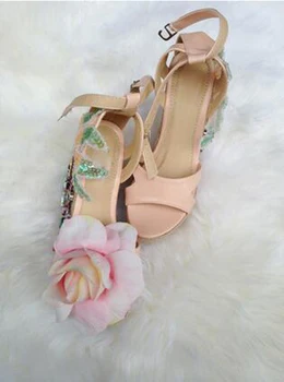 Popular summer women platform sandals pink flower crystal decorated high heels buckle strap open toe wedges shoes for women