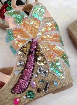 Popular summer women platform sandals pink flower crystal decorated high heels buckle strap open toe wedges shoes for women